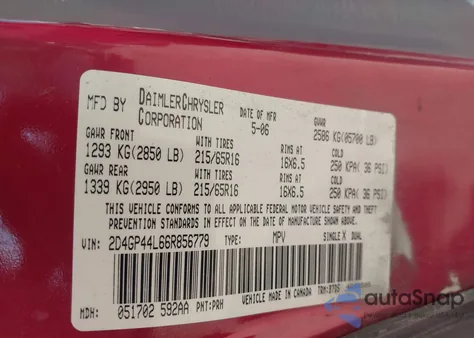 2006 Dodge Grand Caravan Sxt from USA, damaged, VIN 2D4GP44L66R856779